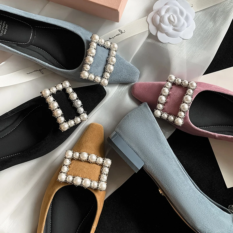 أحذية النساء اللؤلؤ مشبك ساحة تو جلد الغزال الفاخرة الشقق كعب منخفض امرأة جديدة ربيع الخريف اليدوية أحذية بسيطة #4