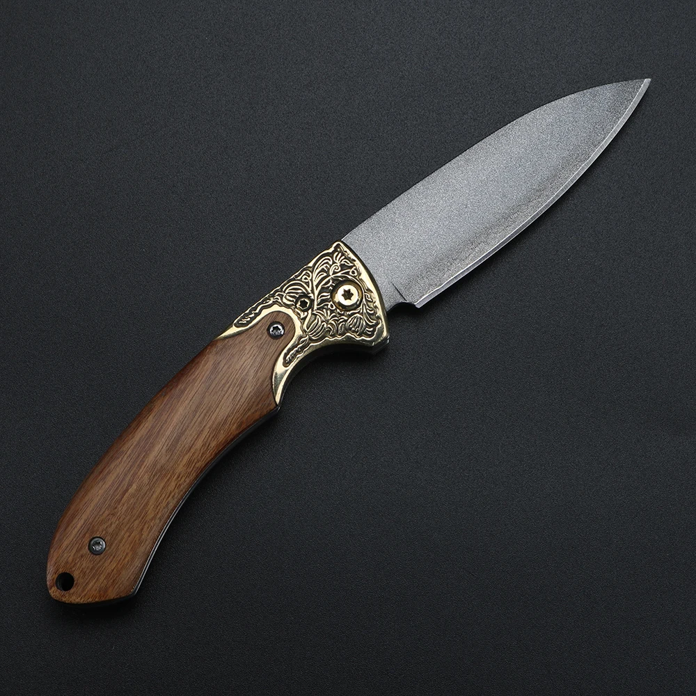 XUANTENG Wooden Handle Folding Knife Three Layer D2 Steel High Hardness Small Knife Brass Relief Camping Multifunctional Knife