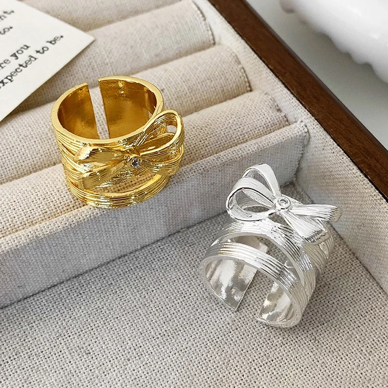 الفضة تصفيح الزركون خط Bowknot افتتاح خواتم للنساء الحد الأدنى لطيف الأزياء والمجوهرات شخصية الملحقات