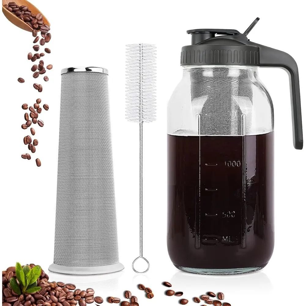 Cold Brew Coee Maker,64 oz Mason Jar Pitcher with StainlSteel ilter, Pour Spout Handle Lid, Heavy Duty Glass Airtight & Leak-Pro