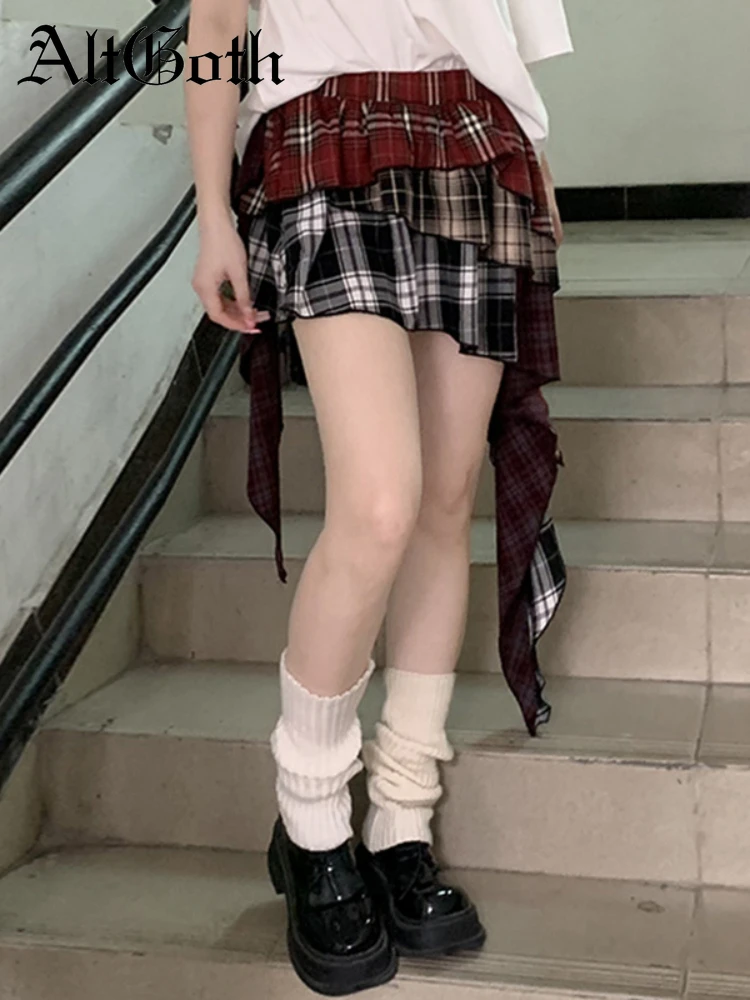 AltGoth Y2k Harajuku Plaid Skirt Women Dark Gothic Punk High Waist Irregular Patchwork Skirt Grunge Hip Hop Streetwear Skirts