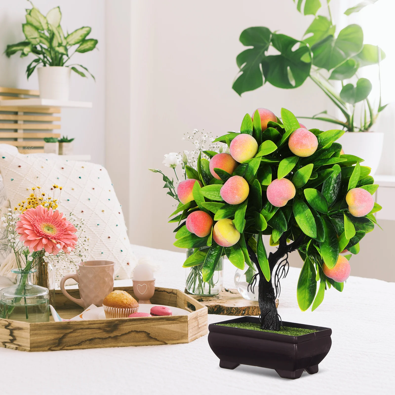 

25Cm Simulation Peach Bonsai Tree Artificial Potted Plant For Indoor Office Desk Shelf Decor Fake Plants Miniature Trees Crafts