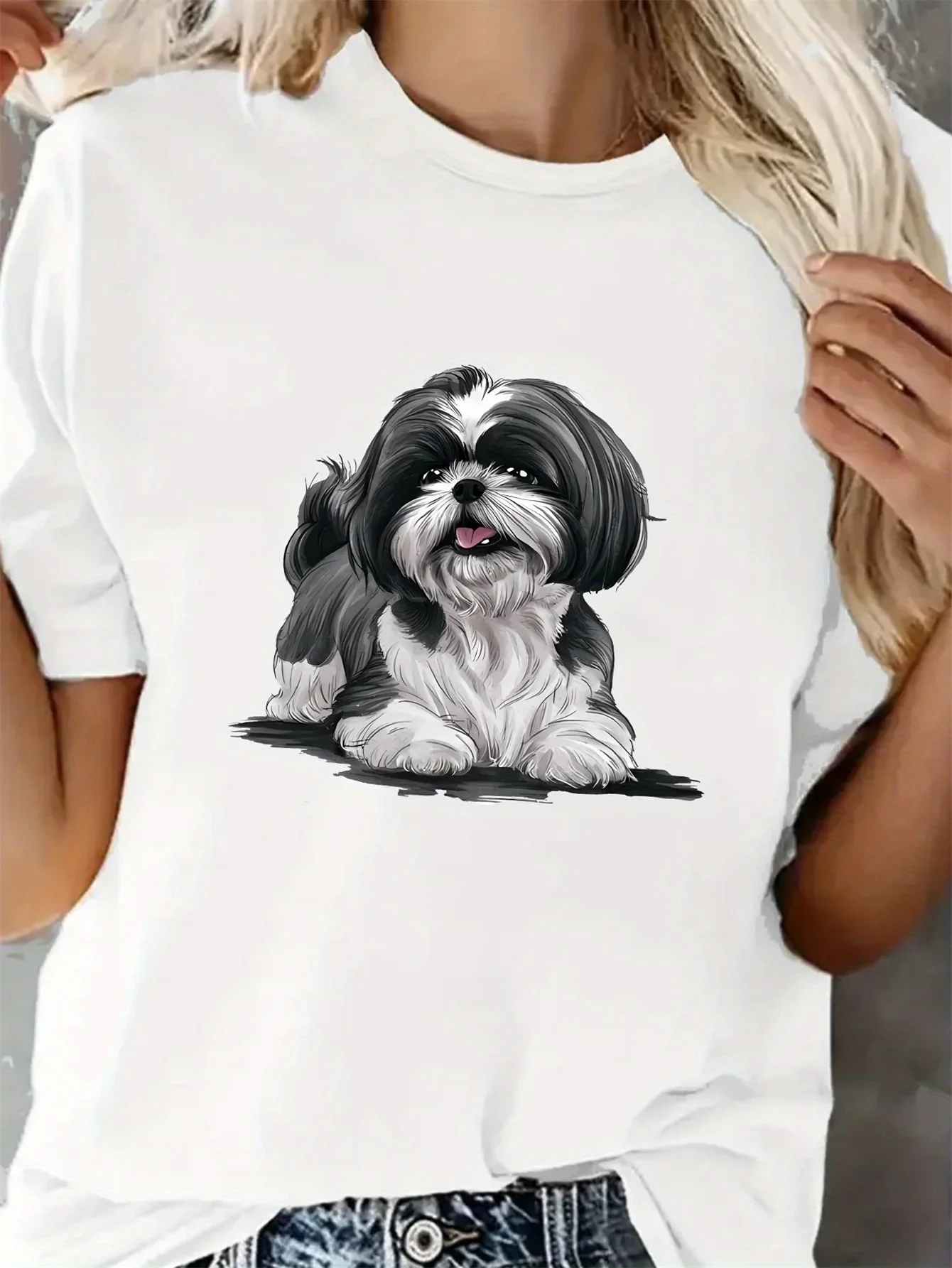 

Shih Tzu Dog Print Short Sleeve Women'S Casual Crew Neck T-Shirt Tee for All Seasons Cute Dog Fashion Tops Women Clothes