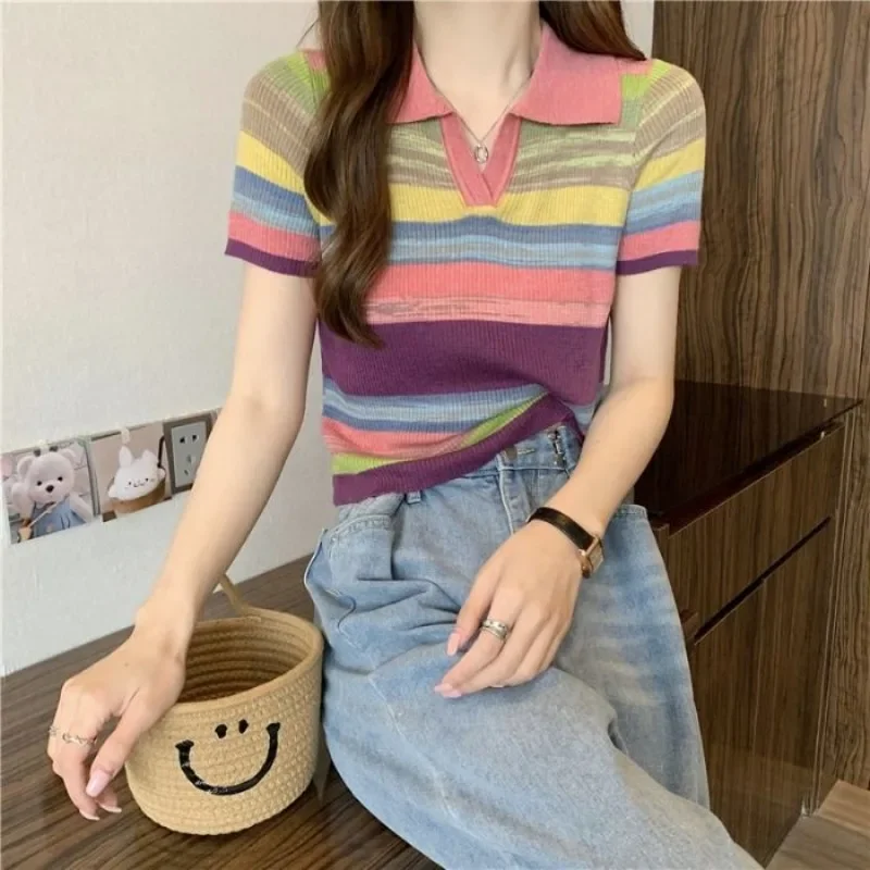 Camiseta tejida para mujer, Polos a rayas para mujer, moda 2025, ropa juvenil de poliéster, Tops baratos elegantes, camisetas Pulovers Y2k
