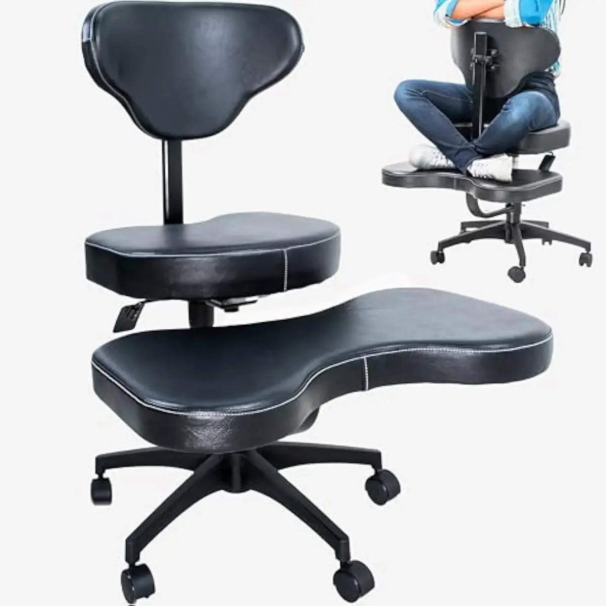 Black Ergonomic Swivel Chair with Adjustable Height Seat and Backrest, Cross-Legged Kneeling Design, 360-Degree Rotation, Mobile