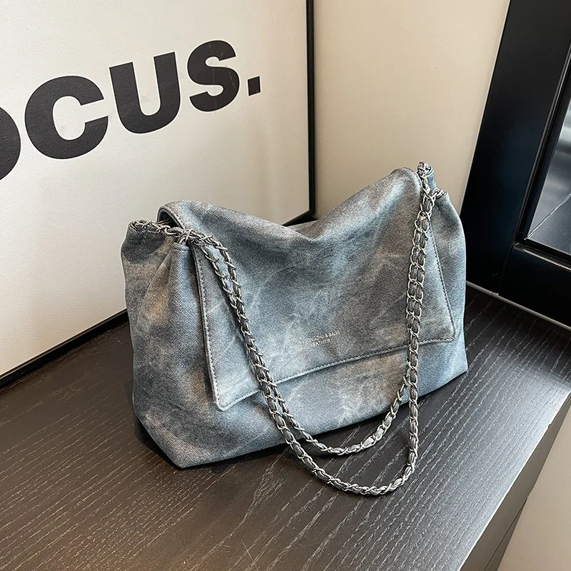 Vintage Large Capacity Denim Tote Bags for Women Shoulder Bags Versatile Chain Casual Large Bag Shopping Bags Bolsos De Mujer