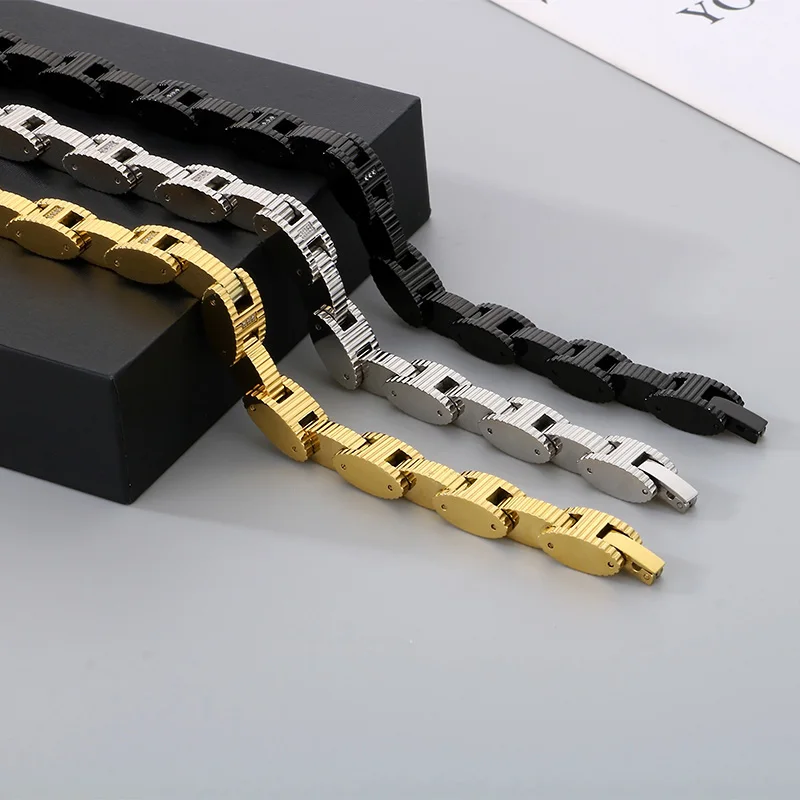 Personalized Stainless Steel Watch Chain Bracelet Men's Hip Hop Inlaid Zirconia Bracelet Chunky Biker Party Trendy Jewelry Gift