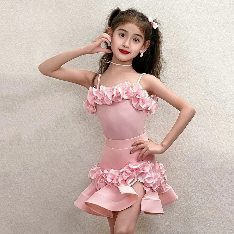 

Girls Spaghetti Strap Latin Dance Dress Pink Chacha Samba Rumba Dance Competition Dresses Children Stage Costumes