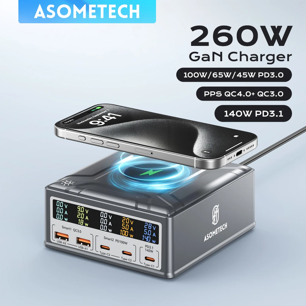 

260W GaN Charger Wireless Charger PD3.1 QC3.0 USB Type C 140W PPS Fast Charging for MacBook Pro IPhone 15 Samsung Xiaomi Laptop