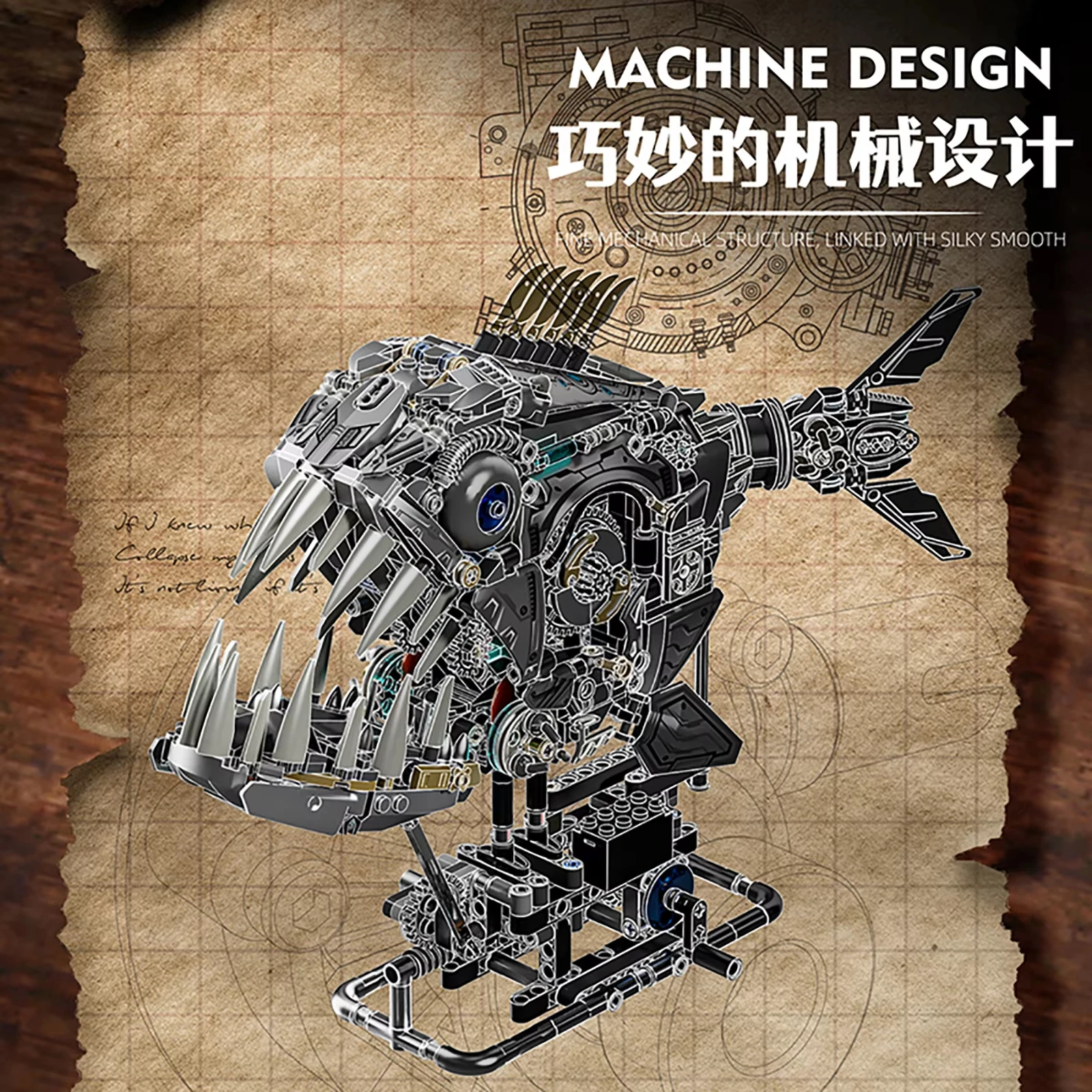 새로운 MOC 기계식 피라냐 빌딩 블록 키트 - 1085PCS DIY 인터랙티브 동물 물고기 모델 블록 STEM 교육 완구 어린이 선물