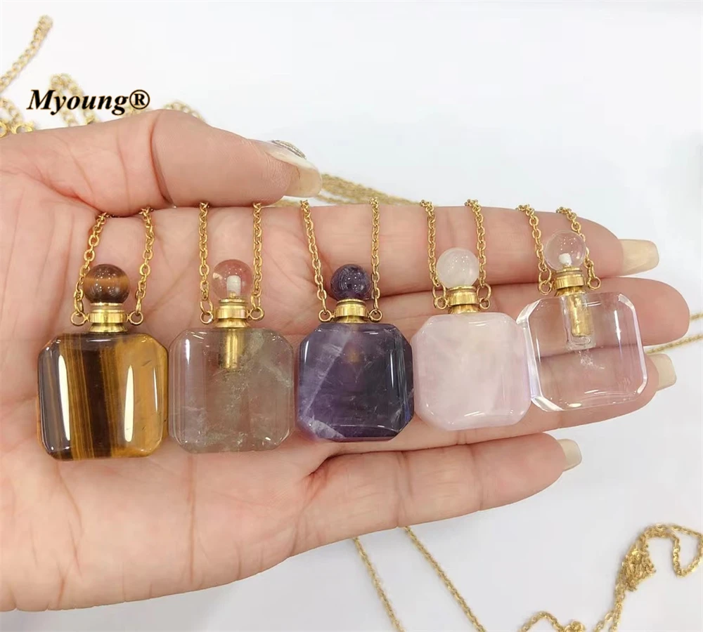 

Square Shape Cute Natural Crystal Quartz Gems Stone Perfume Bottle Pendant Necklace Elegant Women Essential Oil Vial Jewelry