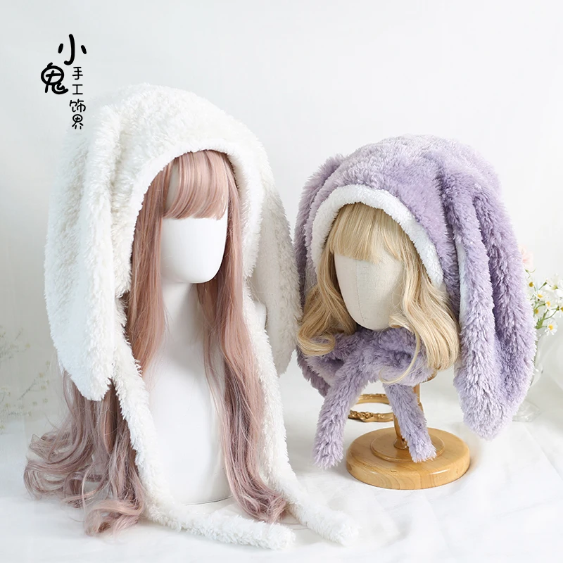 Original Handmade Lop Eared Rabbit Warm Hat Lolita Sweet Cute Long Rabbit Ears Plush Ushanka Cashmere Hats