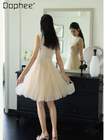 Vestido tutú de malla sin mangas de alta gama para mujer, minivestido ajustado a la moda con bordado elegante, vestidos de noche para fiesta de cumpleaños