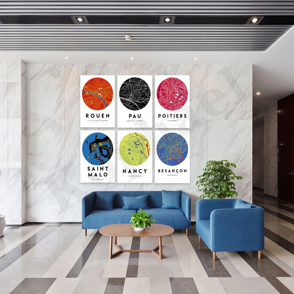 بيسانسون نانسي سانت مالو بويتييرس باو رووان. خريطة المدينة. ديكور جدران المنزل ملصق فني
