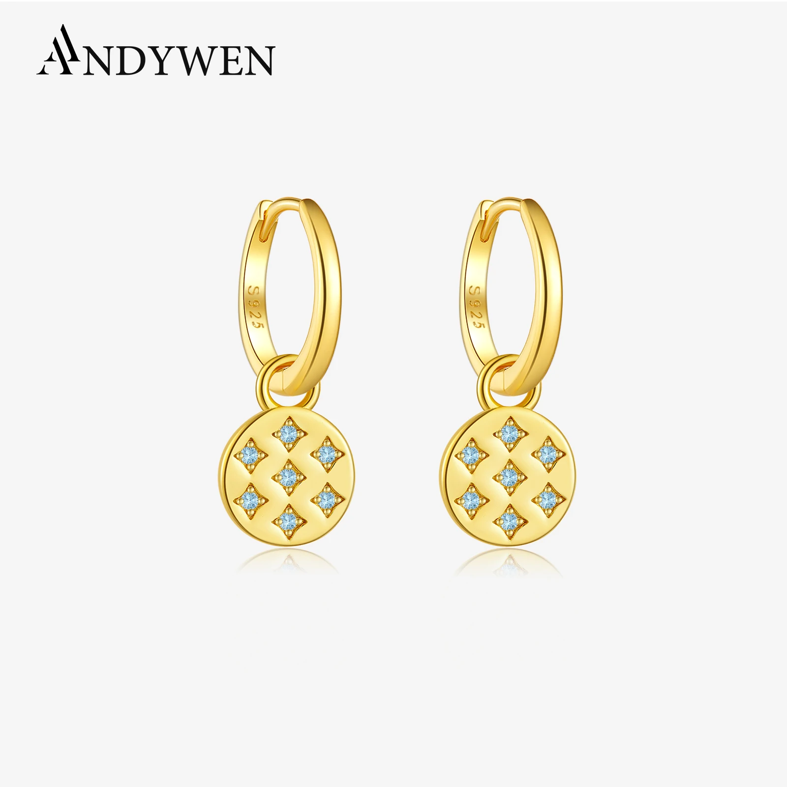 ANDYWEN 925 Sterling Silver Circle Inner Star Aquamarine Ziron Pave Piercing Drop Earring Women Luxury Dainty Party Jewelry