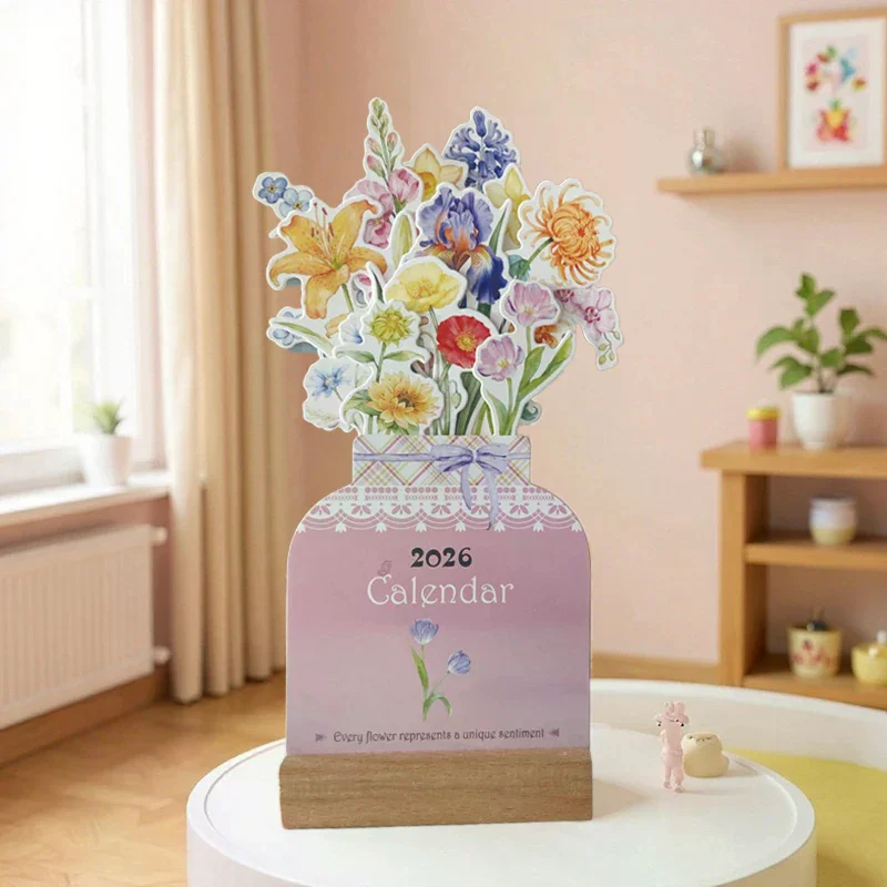 

Environmentally Friendly Paper Flower Desktop Calendar Wooden Stand Calendar Cute Exquisite Decorative Ornament Natural Wood