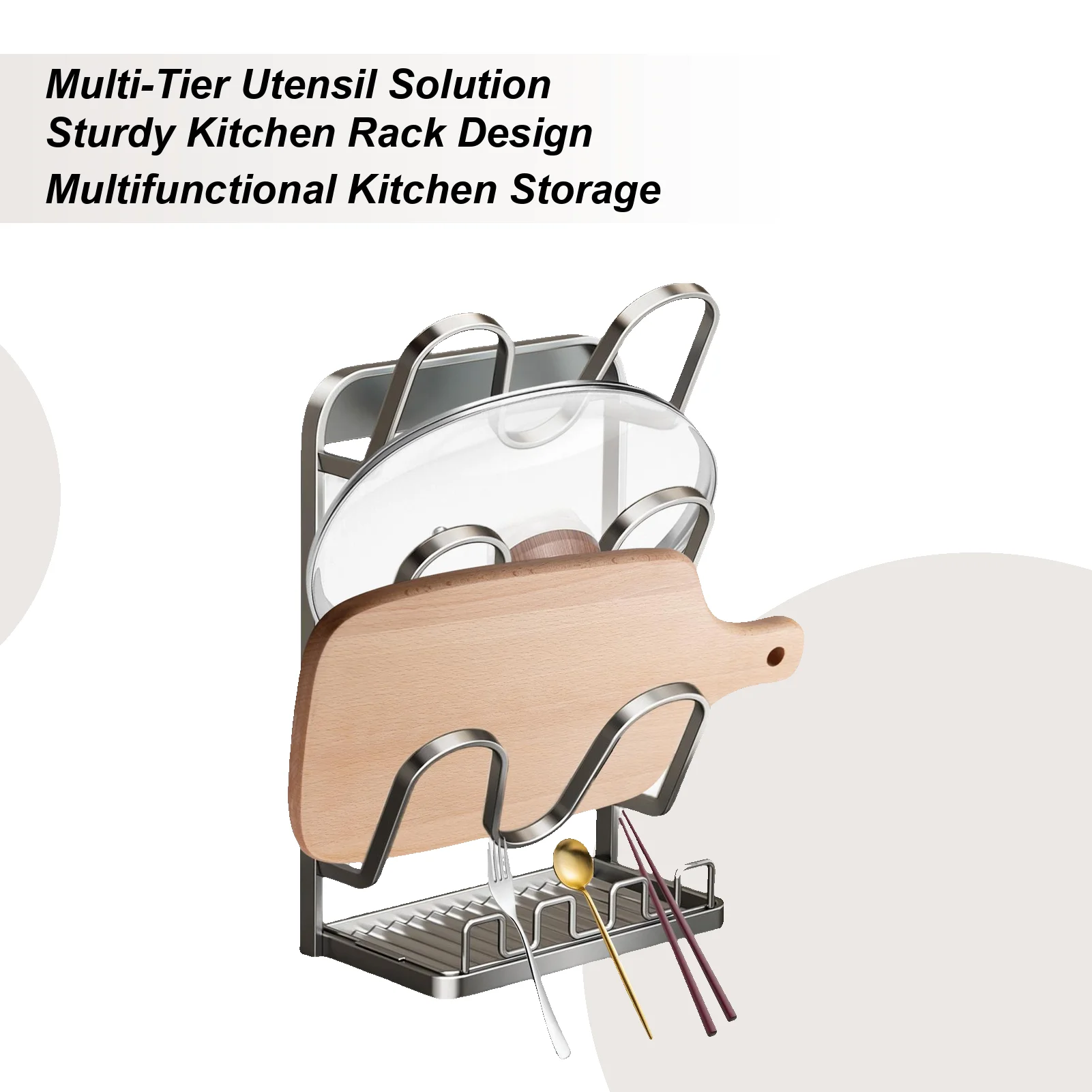 

Pot Lid Rack With Drip Tray Space Saving Non-Slip Kitchen Organizer Pot Cover Holder Rack For Spoon Fork Spatula Soup Ladle