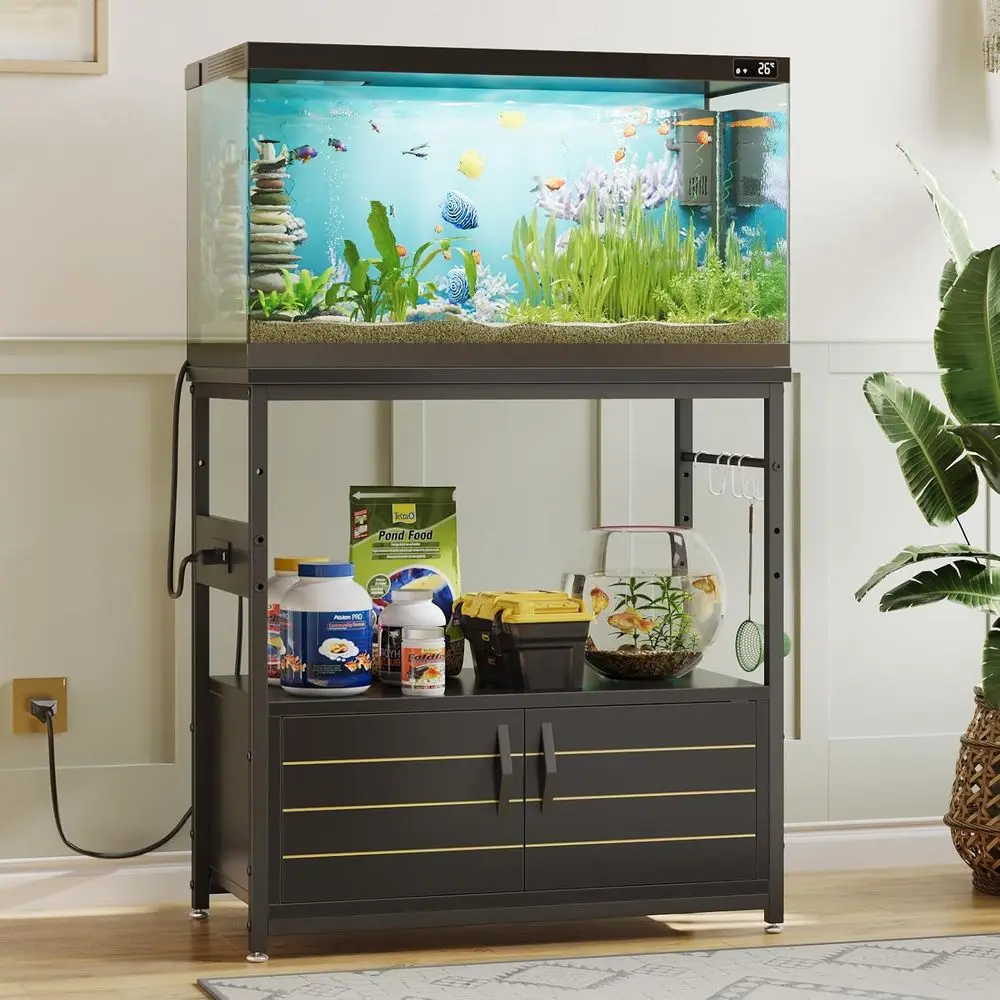 Black 20-29 Gallon Aquarium Stand with 4-in-1 Outlet, Storage, and Adjustable Feet, Holds up to 350 lbs