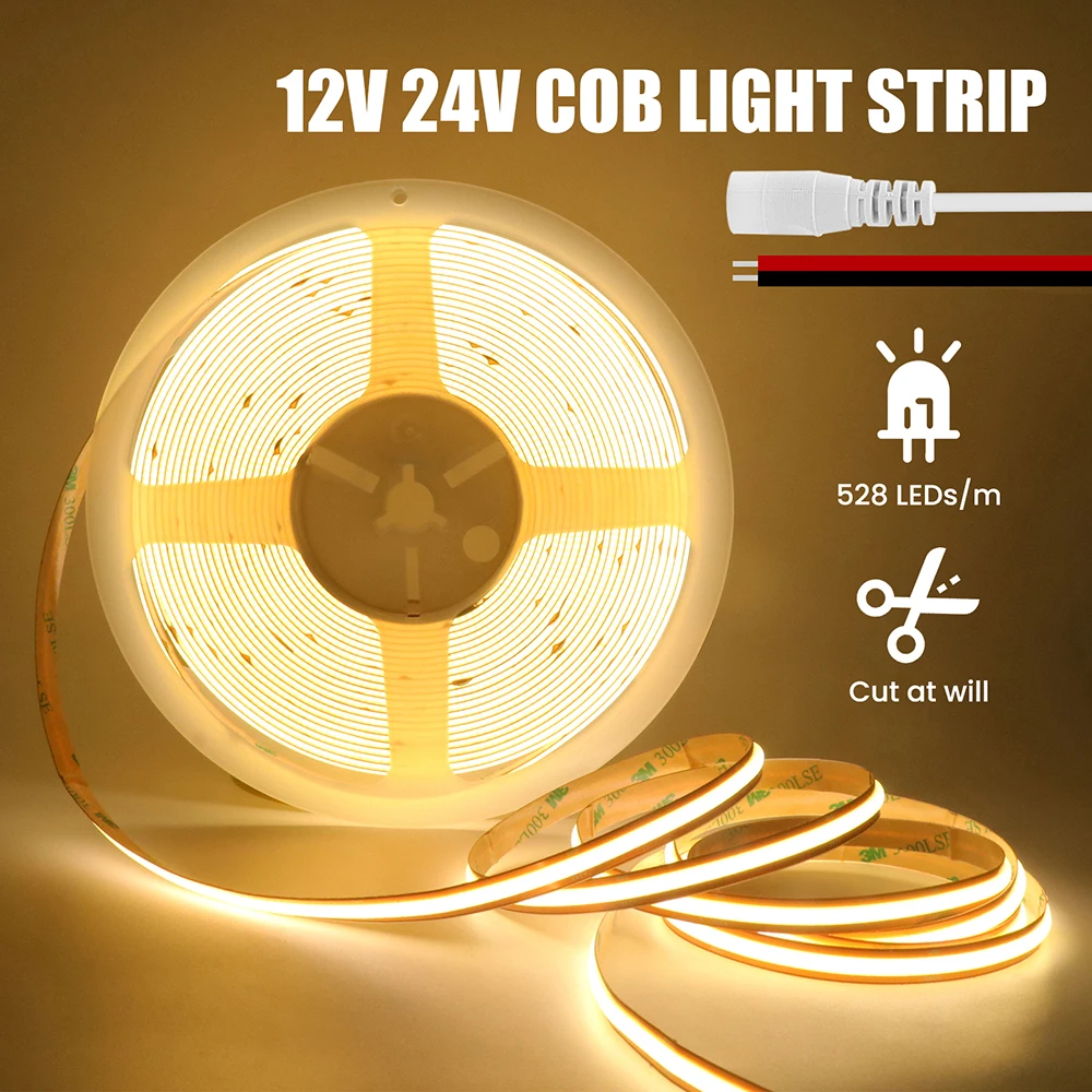 

12V 24V COB LED Strip Light 528LEDs/m Cut Freely High Bright Flexible Tape 8mm PCB Linear Lighting 3000K 4000K 6000K Home Decor