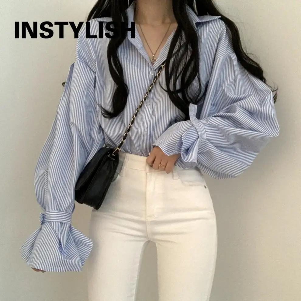 Elegant Striped Oversized Blouse Fashion Korean Puff Long Sleeve Loose Shirt Women Boyfriend Harajuku Tops Casual Chic Tunics