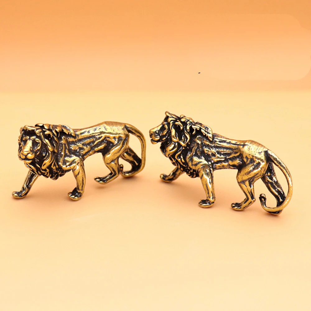 Retro Brass Lion King Miniatures Figurines Desktop Ornaments Pure Copper Statue Metal Crafts Home Decorations Keychain Pendants