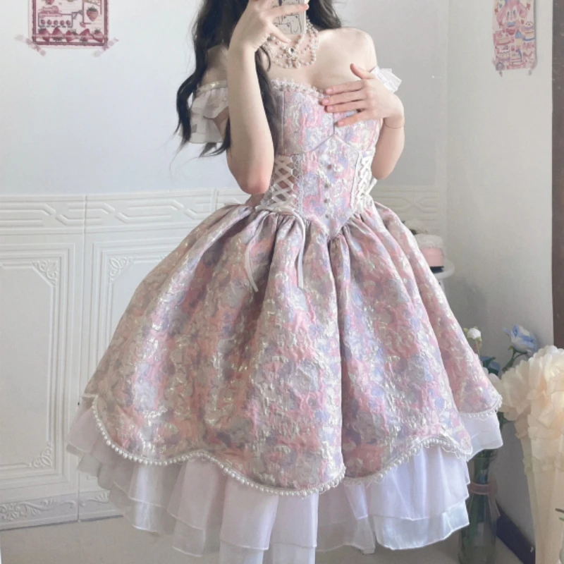 Victorian Vintage คอสเพลย์ Lolita Sweet Elegant Lace Ruffles Pearl Slim Bandage ชุดเจ้าหญิงหญิงน่ารักชุดมินิปาร์ตี้