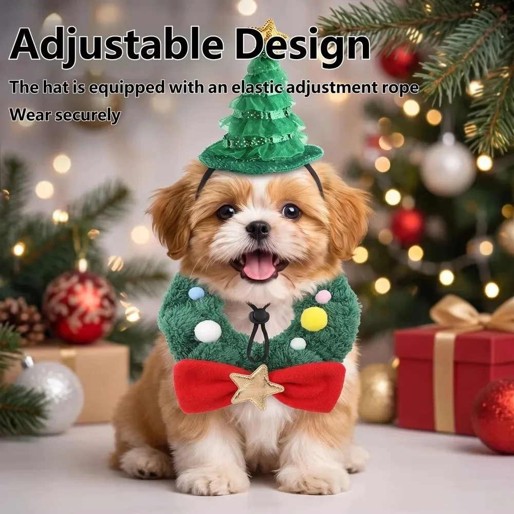Adjustable Pet Christmas Hat Collar Kit Skin-Friendly Breathable Cat Dog Christmas Scarf Set Fluffy with Star Bow