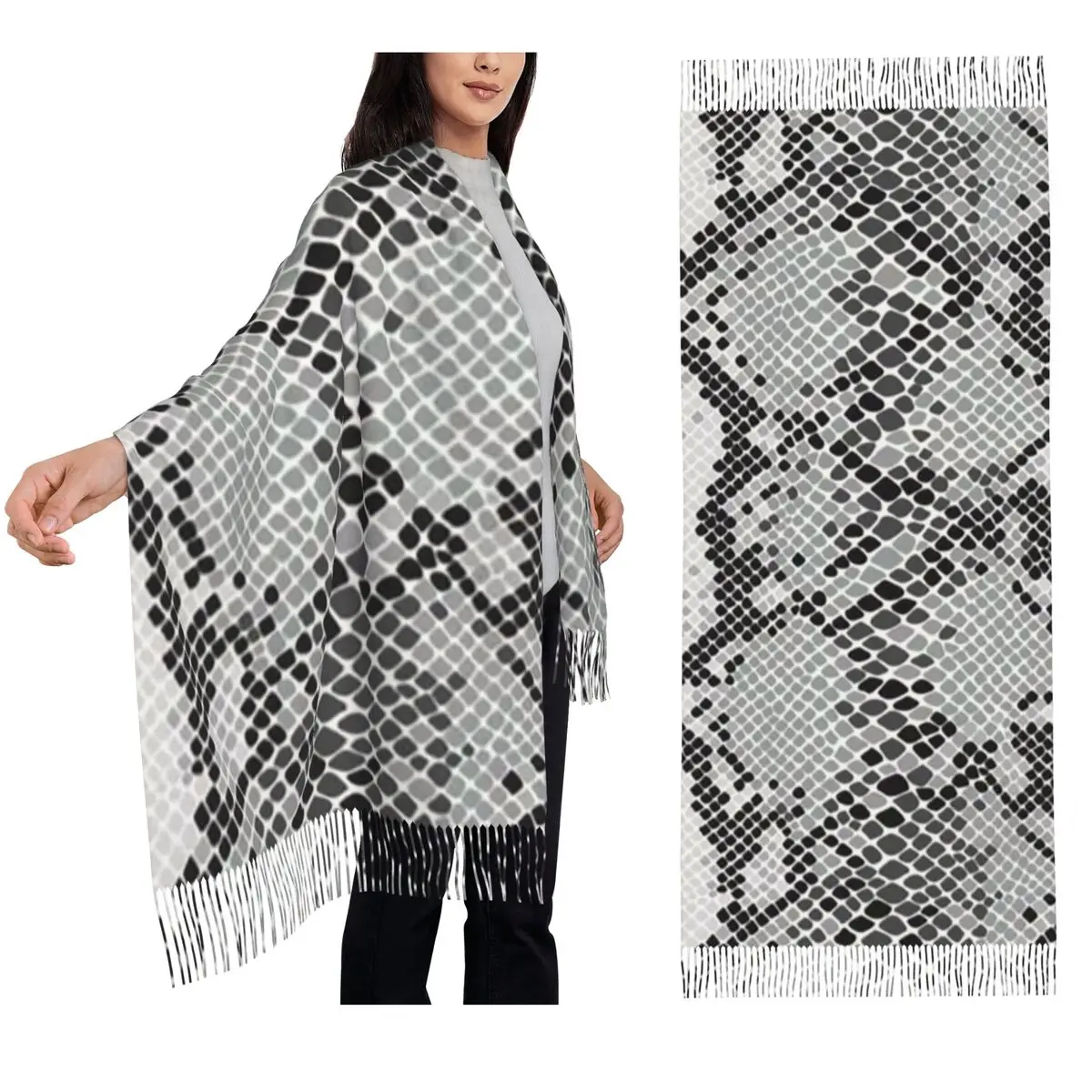 Gray Snake Skin Animal Print Scarf Tassel Scarves for Women Soft Warm Shawls and Wraps Large Fall Winter Shawl Wrap