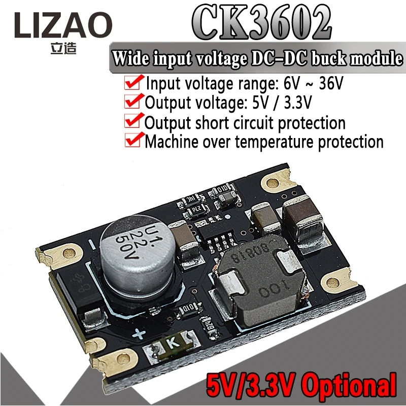 LIZAO CK3602 Wide Input DC-DC Buck Module, 6V-36V to 5V/3.3V Step-Down Regulator with Short Circuit & Over-Temp Protection