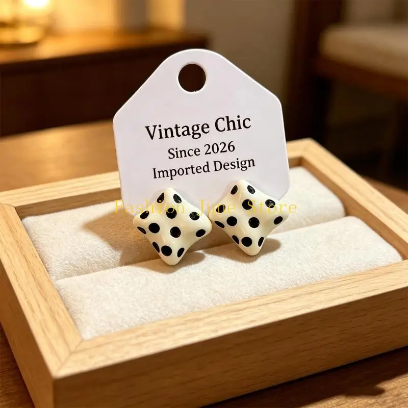 N5KA Black and White Dot Pattern Earrings in a Square Post for Daily Wear, Geometric Fashion Jewelry Pair with Bold Contrast