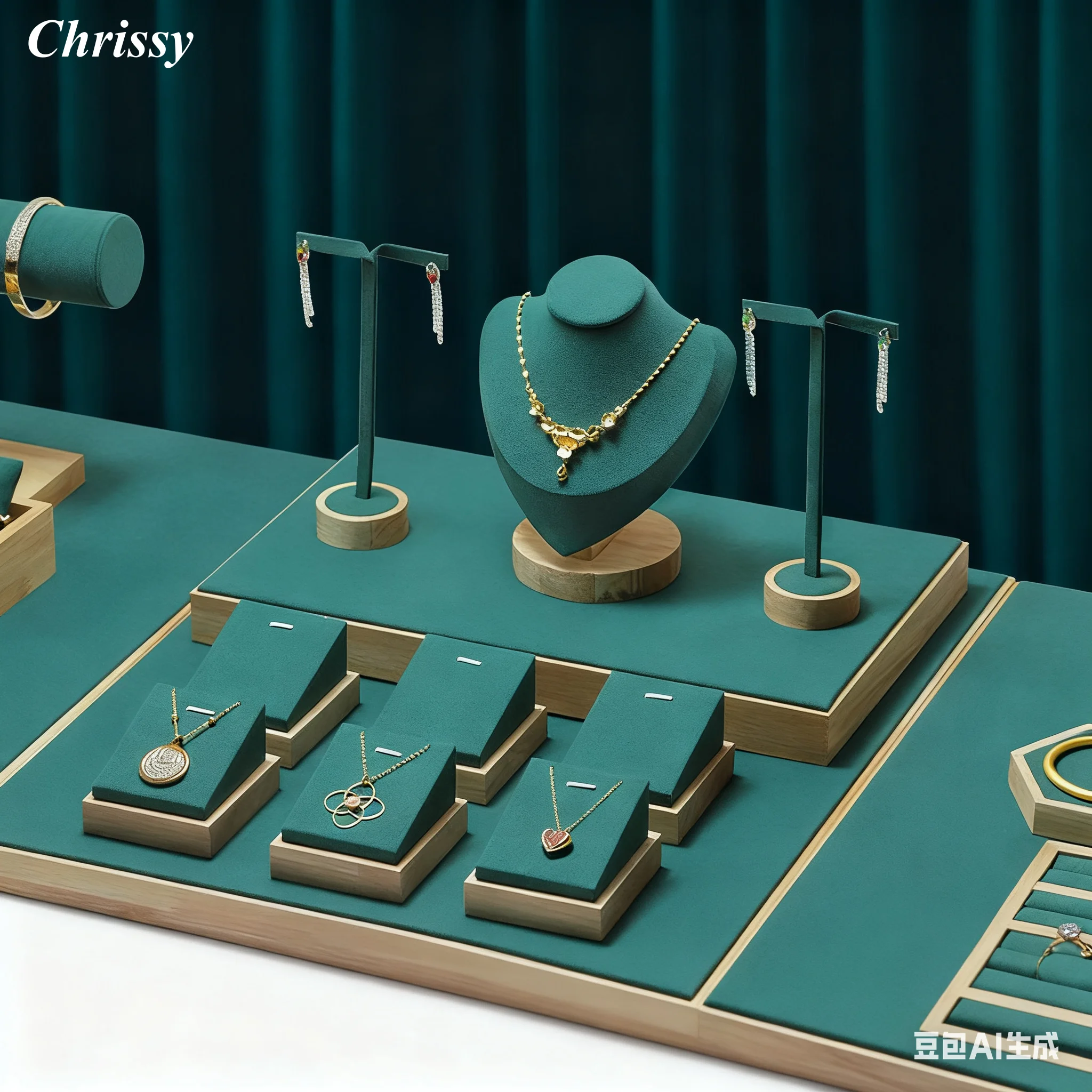 

Green Wooden Jewelry Display Set, Multi-layer Necklace Ring Earring Bracelet Holder Stand for Store Counter Showcase