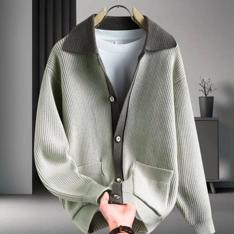 

Juspinice Fake Two-piece Contrast Sweater for Men's Spring Turn-down Collar Long Sleeve Loose Coat Casual Fashionable Top