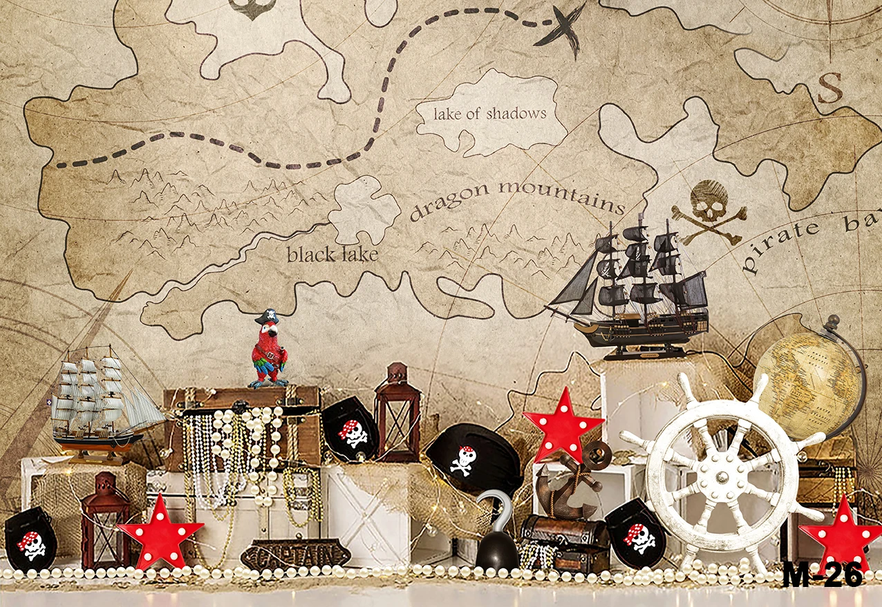 Pirate Old Treasure World Map Birthday Party Baby Cartoon Photographic Background Photo Backdrop Photocall Photo Studio