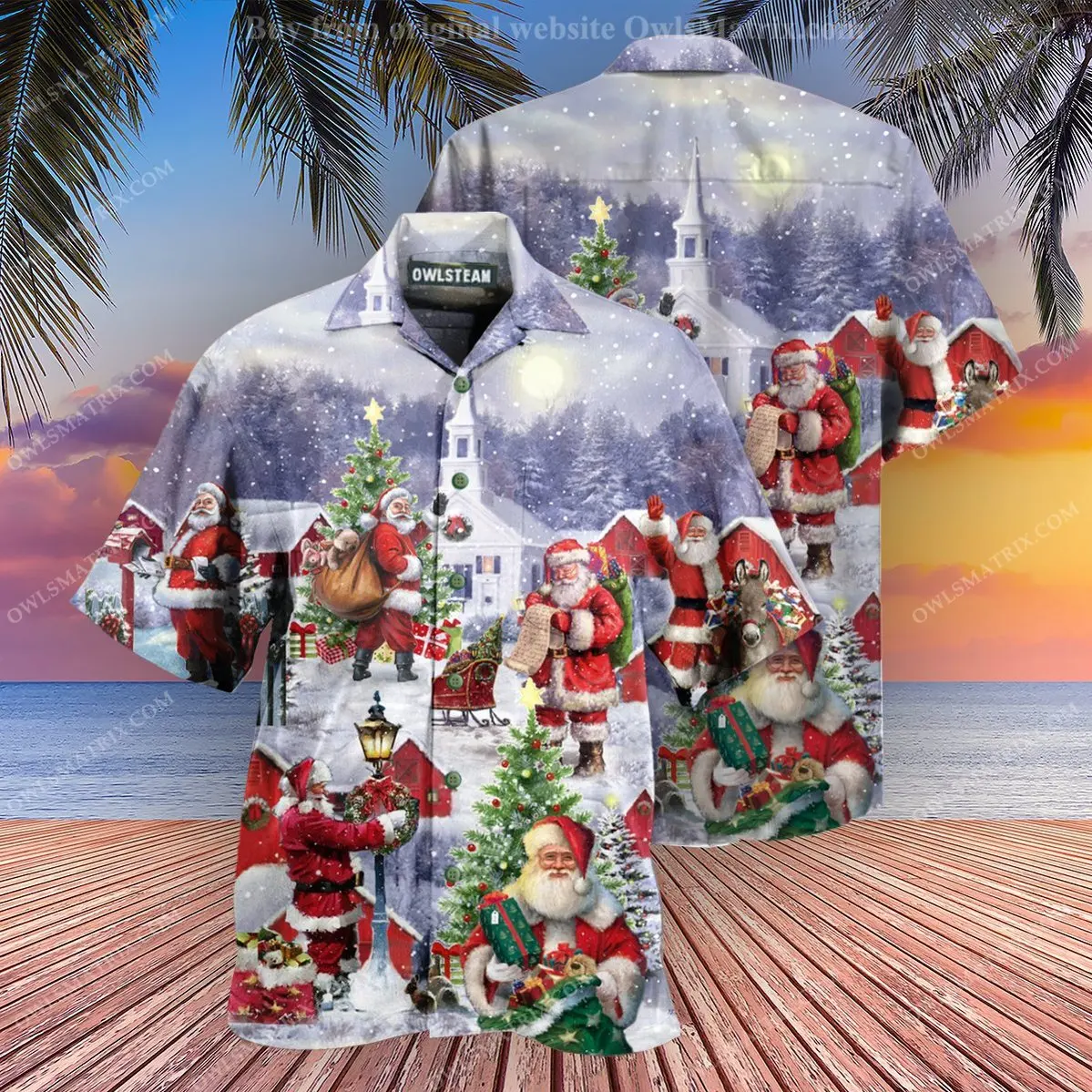 Hot Sale Casual Christmas Themed Shirts Santa Illustration Printed Summer Beach Tops Short Sleeve Hawaiian Shirts