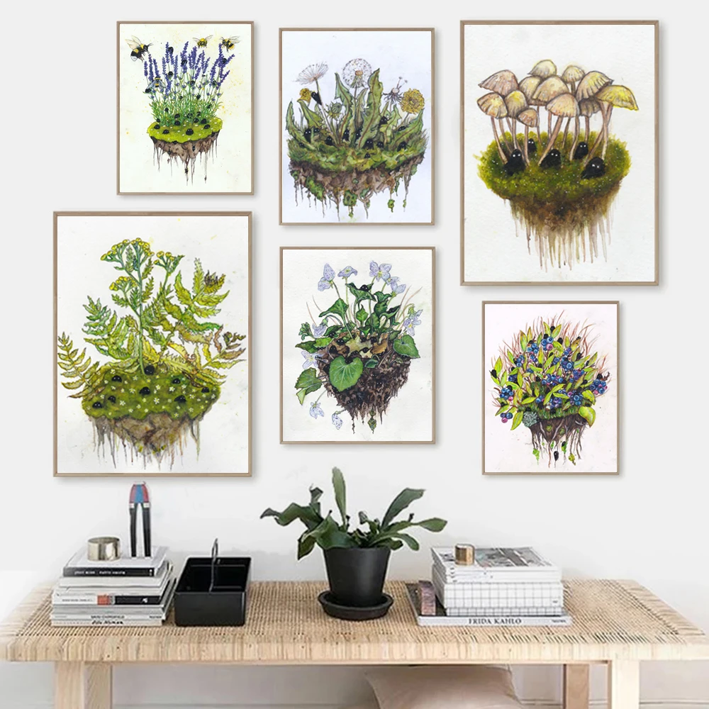 Mushroom Spirits Print Fern Watercolor Painting Dandelion Garden Witch Art Print Whimsical Woodland Canvas Poster Wall Decor