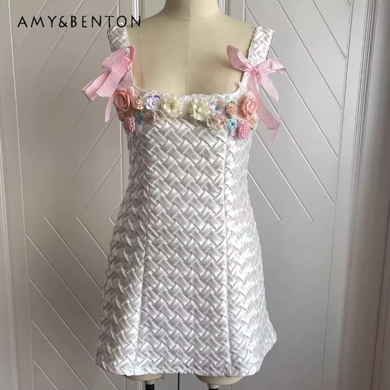 

French Retro White Bow Style Floral Women's Short Dress 2025 Autumn New Sweet Cool Sexy Sleeveless Knit Sling Dresses Ladies