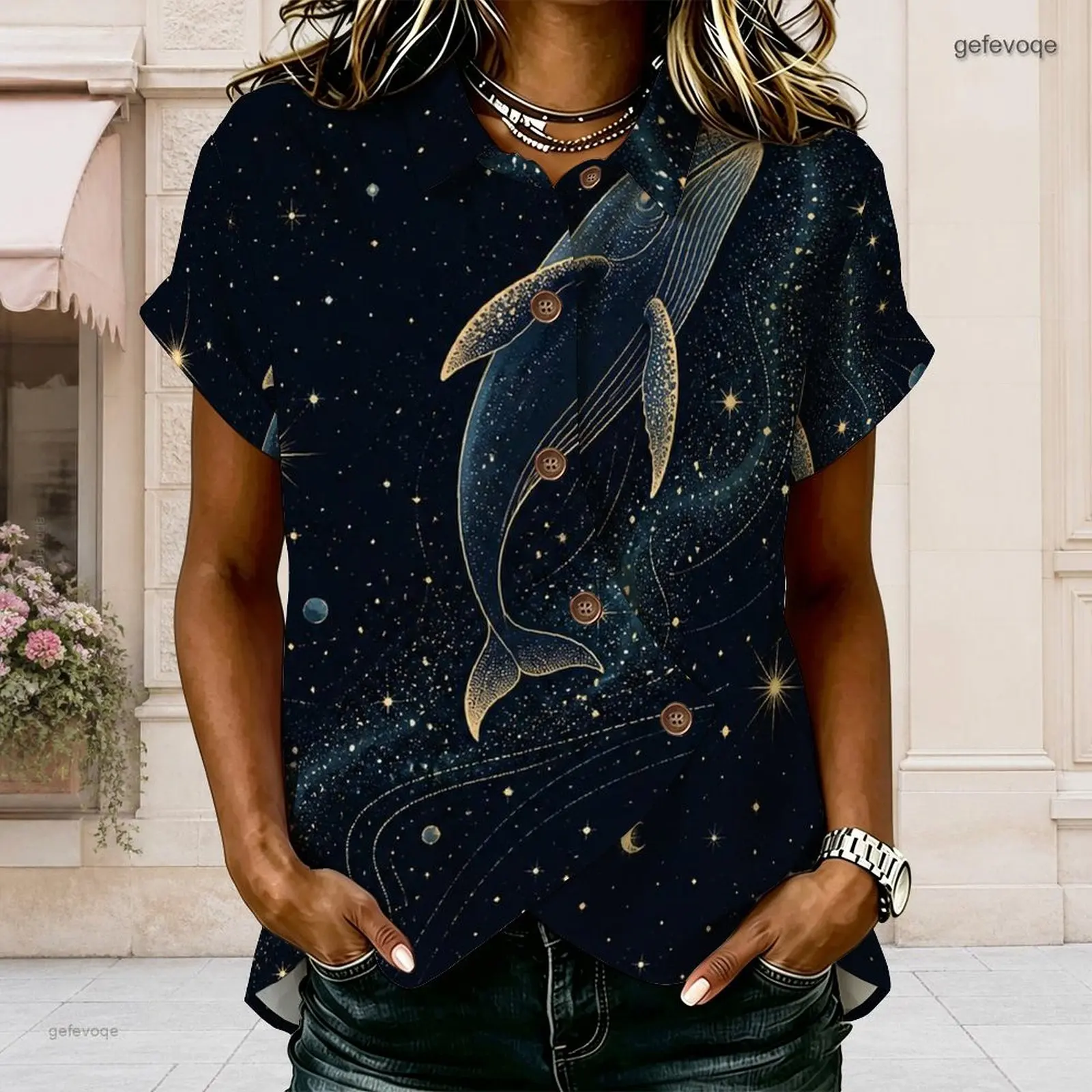 Women Dark Navy Cosmic Whale Starry Print Short Sleeve Collared Button Front Shirt