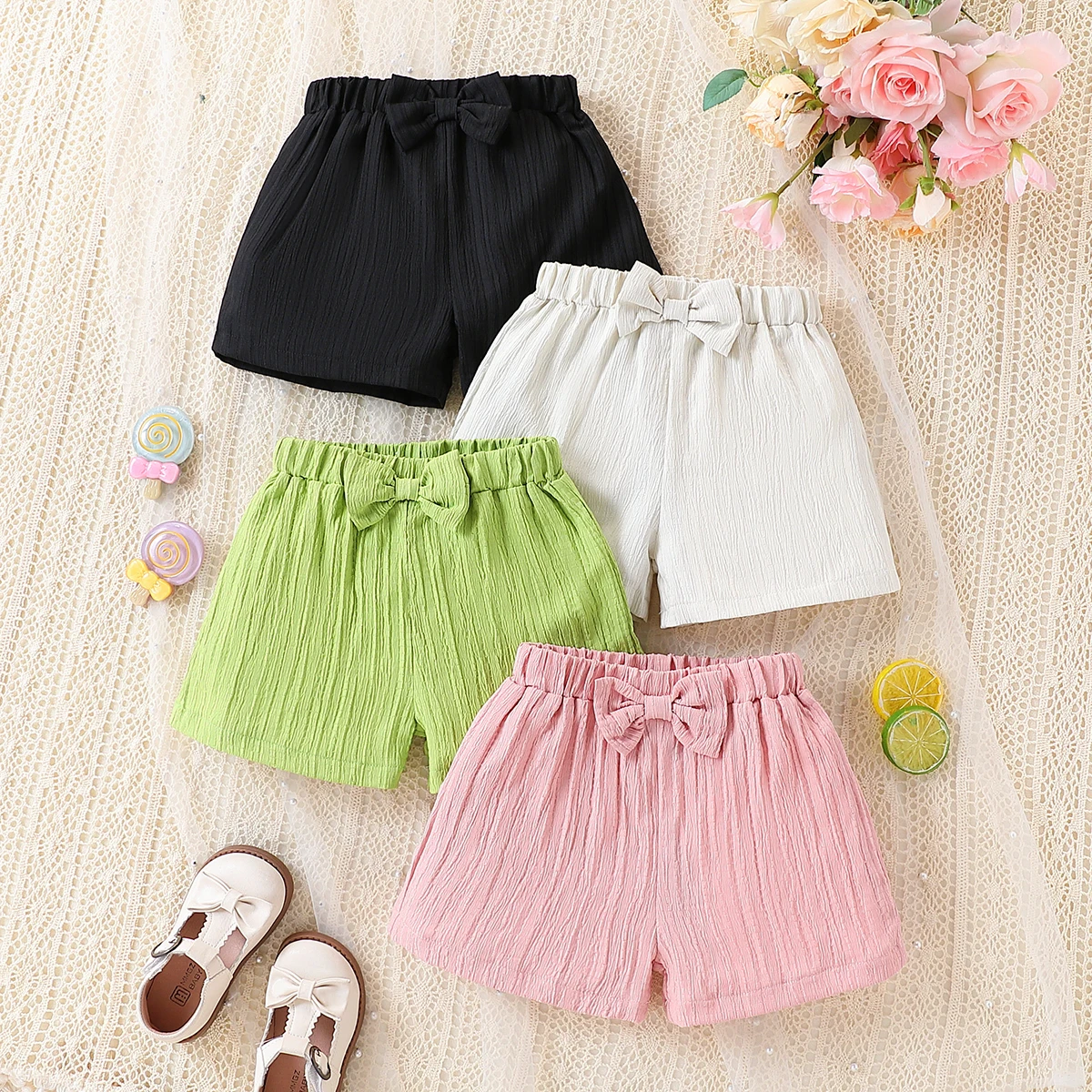 4-teiliges Set für Mädchen, Sommer-Outfit mit buntem gewebtem Stoff mit Schleifenverzierung in Shorts im A-Linien-Stil, Sommer.