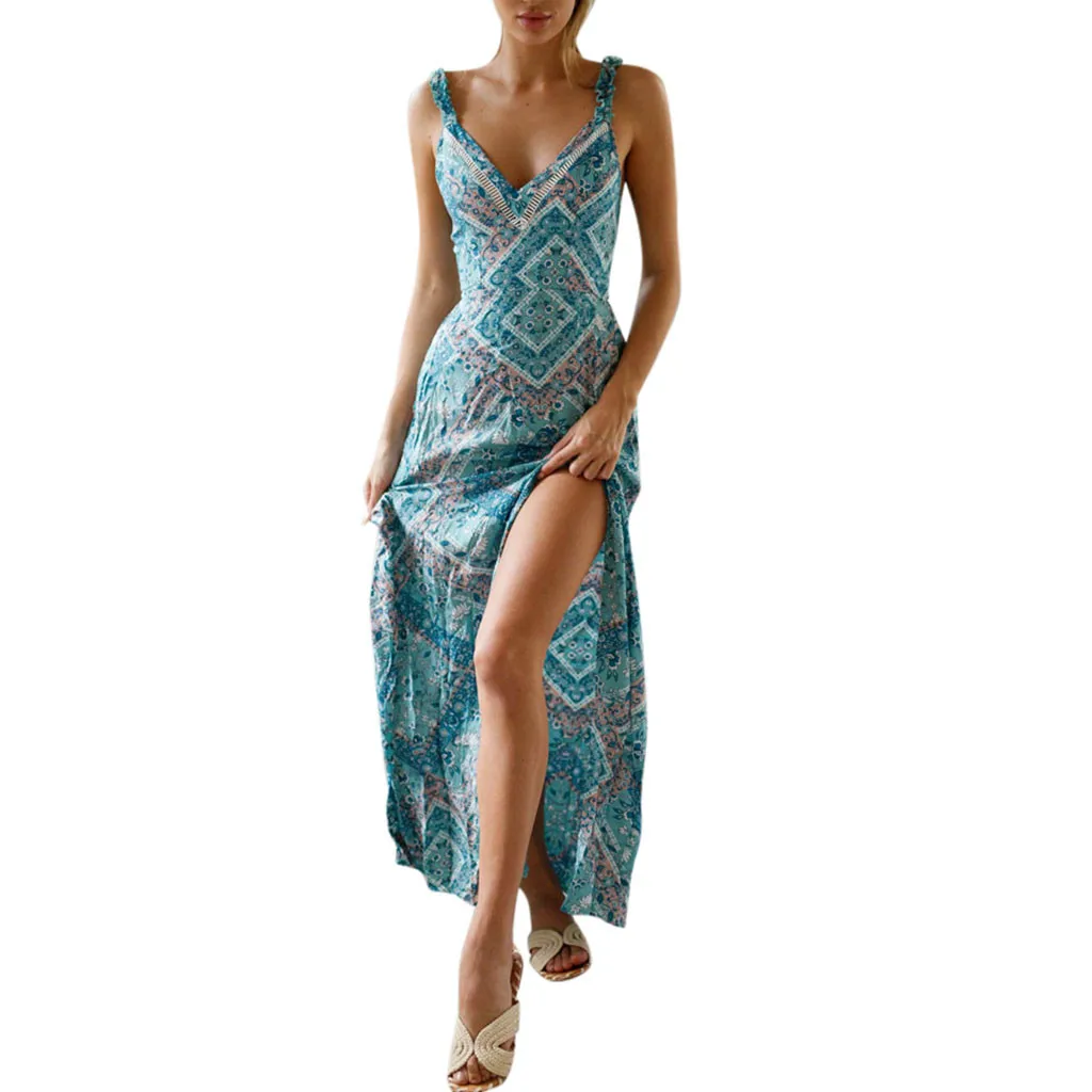 Printed Summer Open-Forked Women's Fashion Dresses Waist Sexy Women's Dress Casual Party Dress Sexy Dress