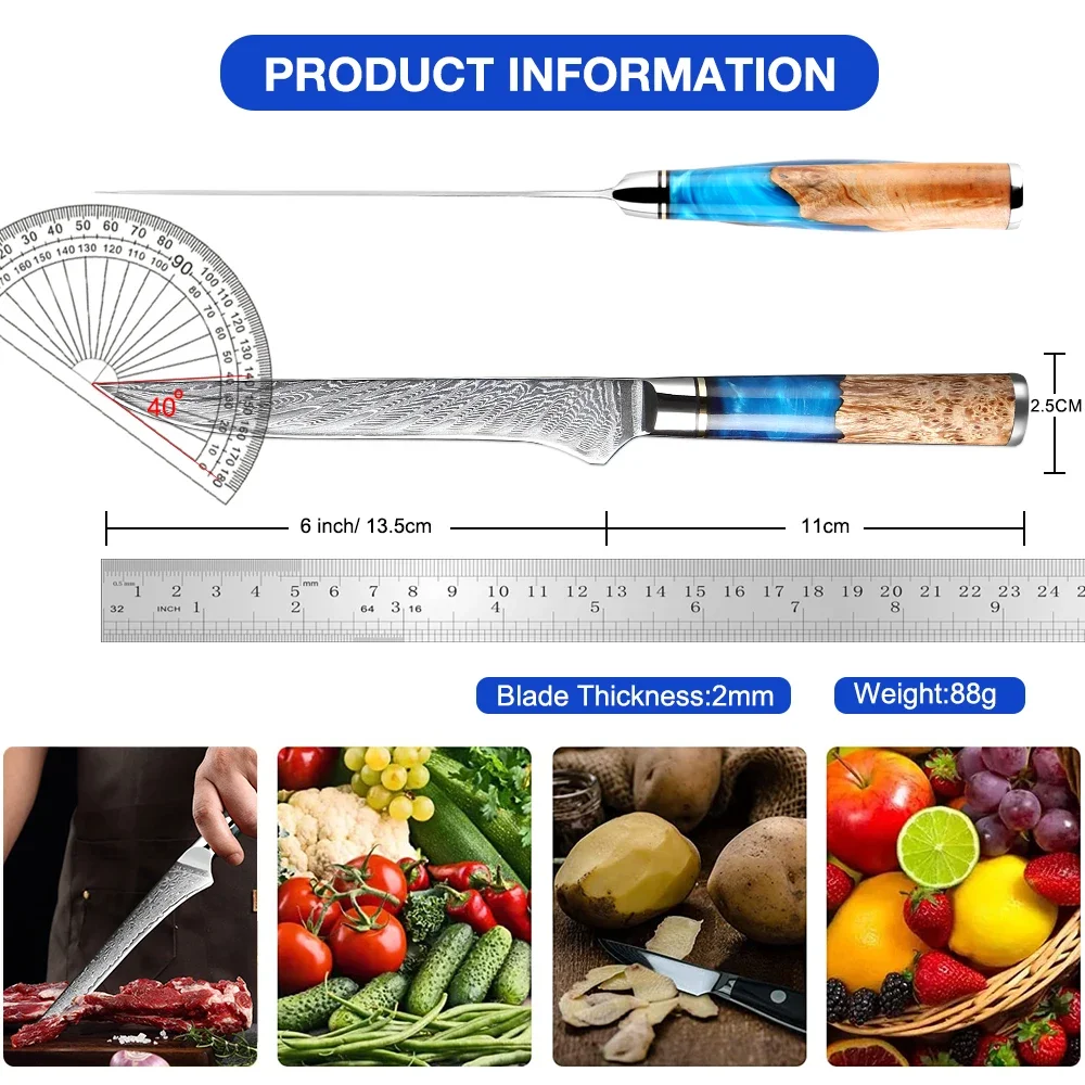 Damascus 6 Inch Boning Knife Sharp Fillet Knives for Meat Fish Cutting, Trimming Knife Japan 67 Damascus Steel Blue Resin Handle