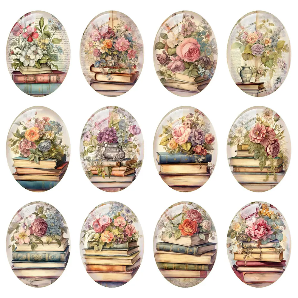 Random Mixed Round/Oval/Square Vintage Book Flower Love Read Photo Glass Cabochon Flatback Demo Cameo For Diy Jewelry Making