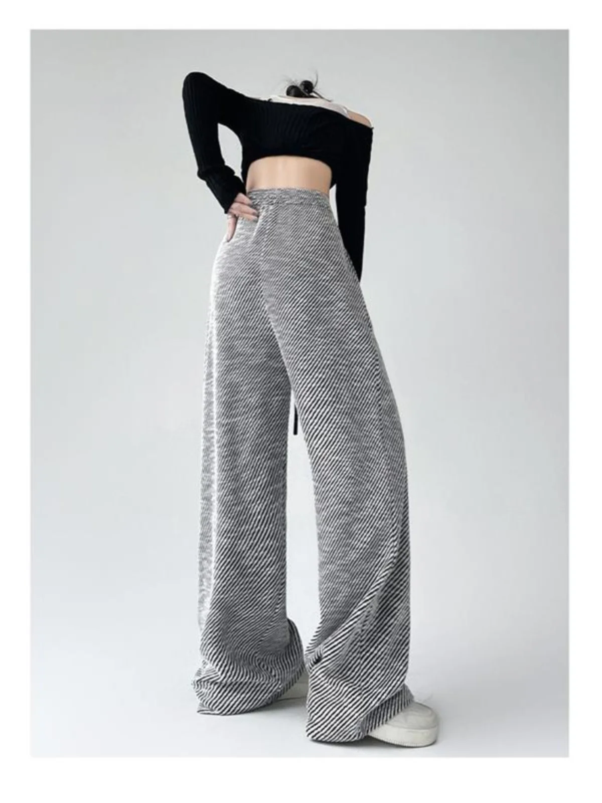High Waist Wide Leg Pants Women's Spring Summer New Style Diagonal Stripe Drapey Straight Cut Floor-Length Drawstring Trousers