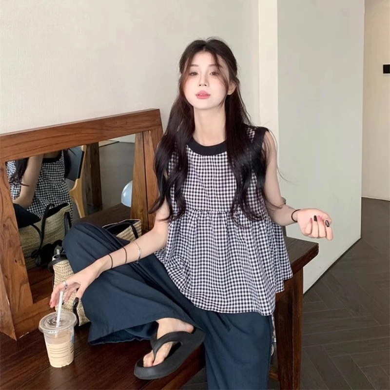 Sleeveless Plaid Loose Korean Blouse Summer New Sweet O-neck All-match Contrast Trend Shirt Tops Fashion Vintage Women Clothing