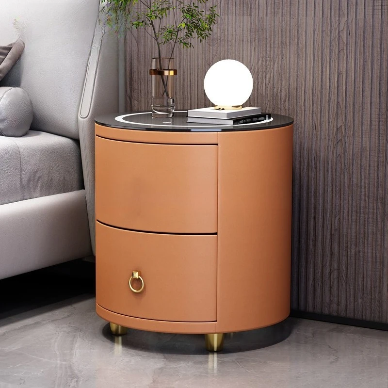 

Round smart bedside table light luxury simple modern small round Italian leather Internet celebrity bedroom smart bedside table