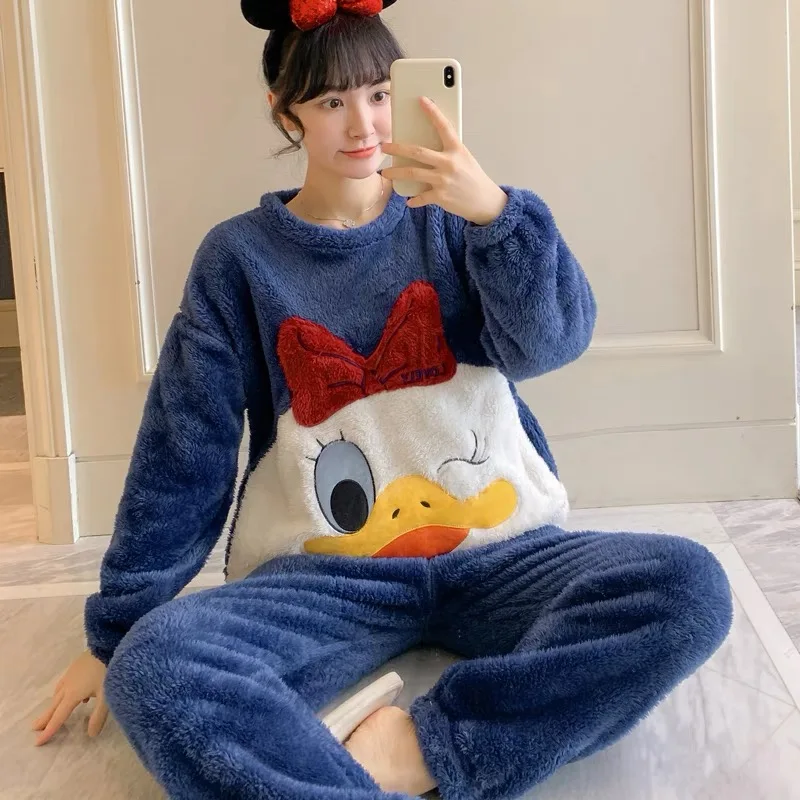 Cartoon Disney Donald Duck Pajamas Winter Crew Neck Coral Fleece Loungewear Two-piece Set New Mickey Mouse Women's Pajamas