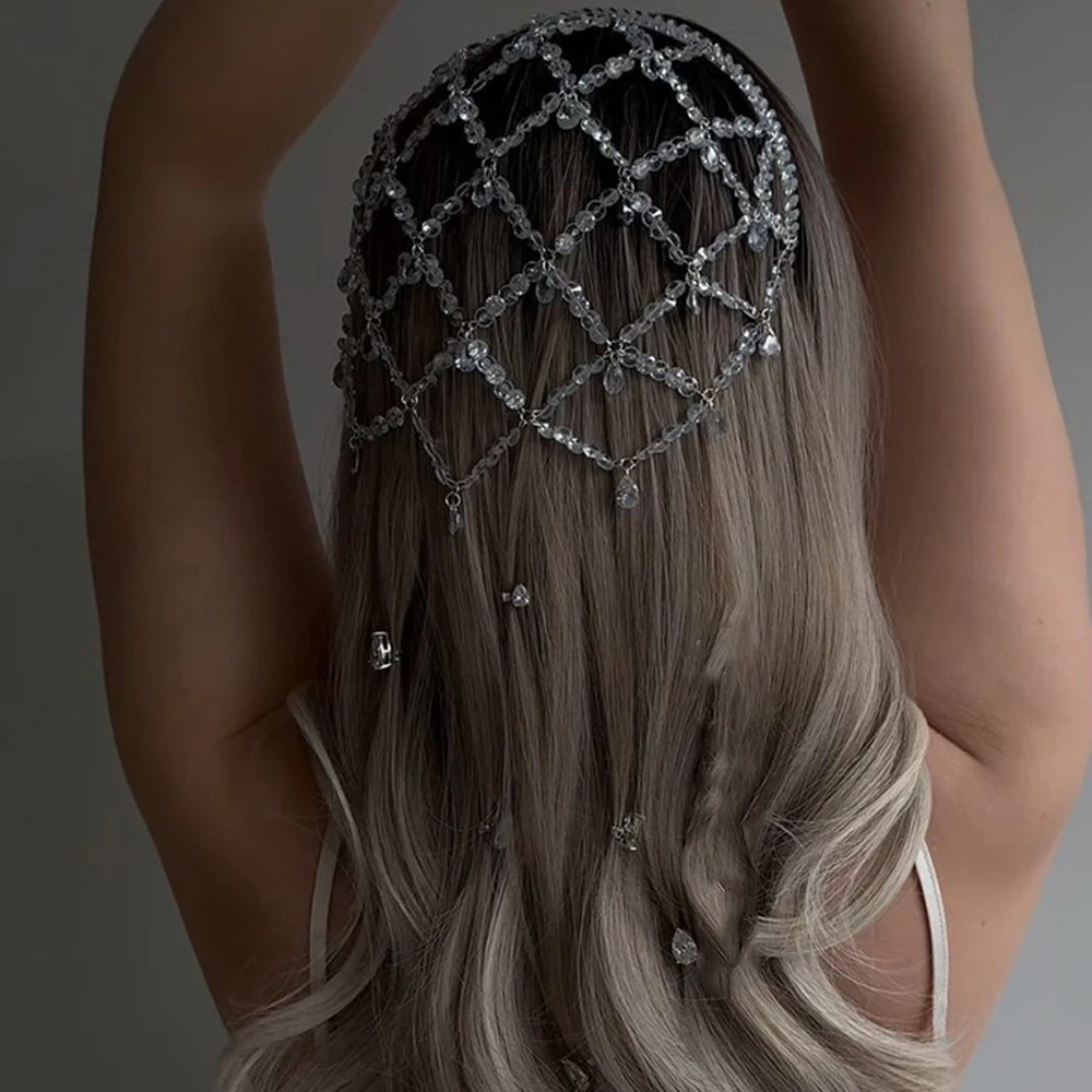 

1920S Gatsby Mesh Headband Hat Women Handmade Hair Jewelry Gift Carnival Water Drop Acrylic Head Chain Cap Wedding Accessories