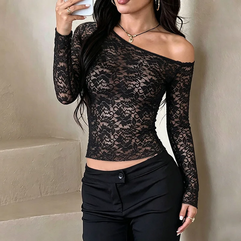 Sexy Black Floral Lace Sheer Crop Top Off-shoulder Long Sleeve Form-fit Elegant Women Casual Party Blouse Warm Bottoming Shirts