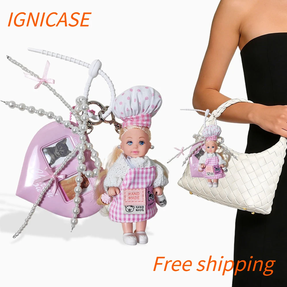 

IGNICASE Korean Sweet Girl Little Chef Shape Mini Doll Keychain, Pink Love Photo Frame Bag Hanging Y2K High-value Bag Pendant