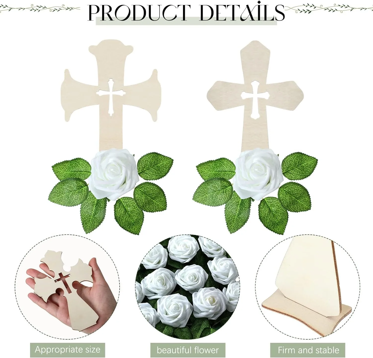 8PCS Wooden Cross with Base and Artificial Flower Fake Rose First Communion Centerpiece Wedding Home Decor (Wooden) Crafts