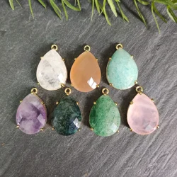 Natural Gemstone Charm Pendant, Sunstone Amazonite Amethyst Healing Crystal Charm for Earring Necklace, DIY Jewelry Findings